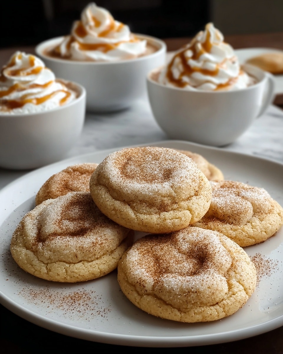 A white plate holds five soft, round cookies with a slightly cracked surface. Each cookie has a light golden-brown color with a sprinkle of cinnamon and powdered sugar on top, giving a textured look. The cookies are arranged in a slightly overlapping pattern, filling most of the plate. In the background, there are three white bowls of hot chocolate, each topped with a swirl of white whipped cream drizzled with a caramel-colored sauce. The setting features a white marbled surface underneath the plate and bowls. photo taken with an iphone --ar 4:5 --v 7