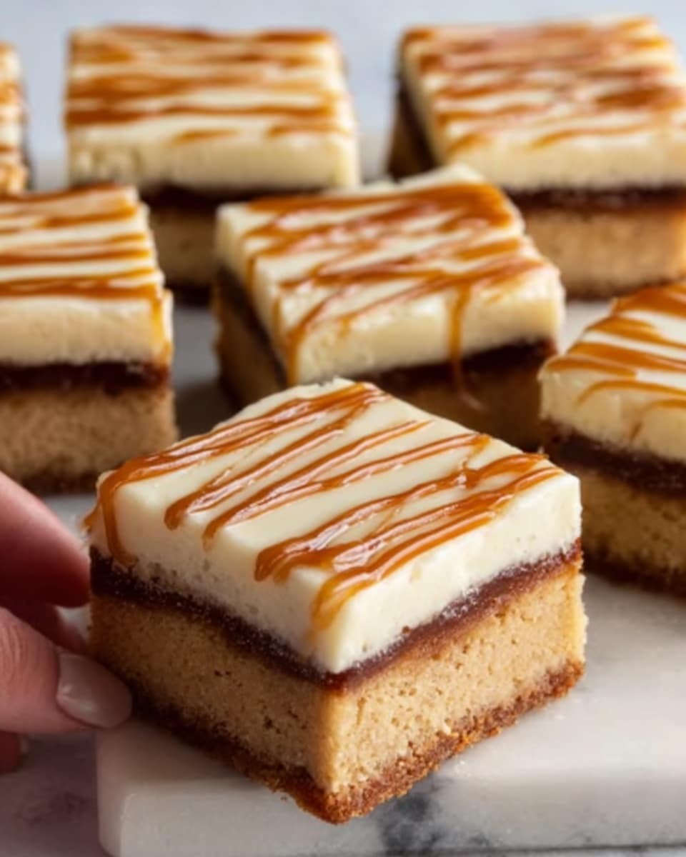 The image shows a close-up of six square cake slices arranged on a white marbled surface. Each slice has three visible layers: a thick, light brown base layer with a soft texture, a thin dark brown middle layer, and a thick creamy white top layer with a smooth finish. Thin caramel-colored lines are drizzled across the top layer in a neat pattern. One slice is held in the foreground by a woman's hand, clearly showing all the layers and details. Photo taken with an iphone --ar 4:5 --v 7