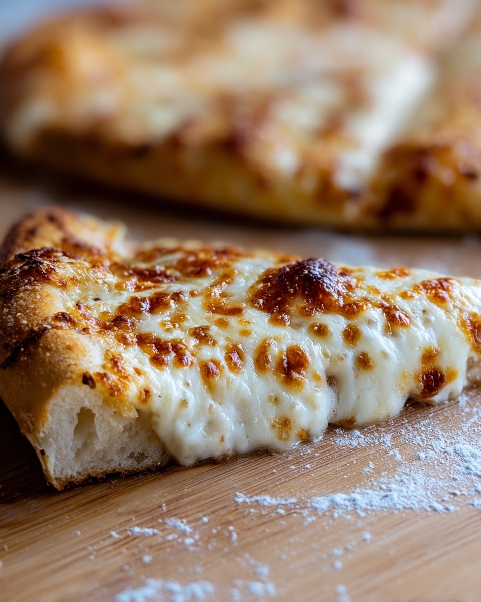 A close-up of a slice of cheese pizza resting on a wooden surface with another pizza blurred in the background. This slice has a thick, golden-brown crust with a soft, airy inside. The cheese layer is thick, melted, and creamy white, featuring evenly browned, bubbly spots of caramelized cheese on top. The cheese looks stretchy and gooey along the edges where it meets the crust. The wood surface beneath has some scattered flour, and the scene is bright with natural light. photo taken with an iphone --ar 4:5 --v 7