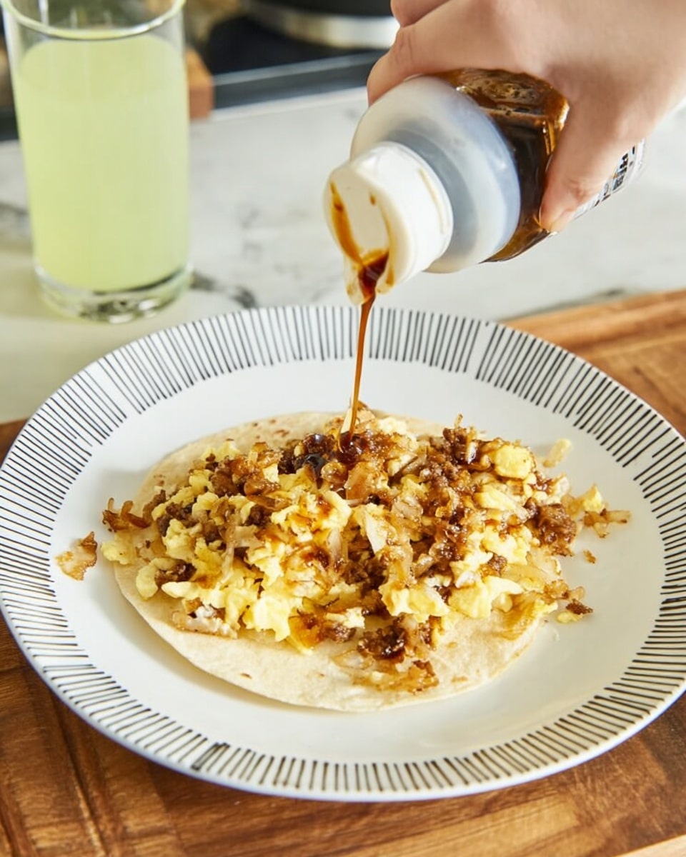 A white round plate with black dash lines around the edge holds a single soft tortilla as the base layer. On top of the tortilla, there is a thick layer of lightly browned scrambled eggs mixed with golden-brown crispy hash browns and bits of cooked ground meat. A woman's hand is pouring a thin stream of dark brown sauce from a small white bottle over the egg and hash brown mixture. The plate is set on a wooden table with a glass of light greenish-yellow drink nearby. The background surface is changed to a white marbled texture. photo taken with an iphone --ar 4:5 --v 7