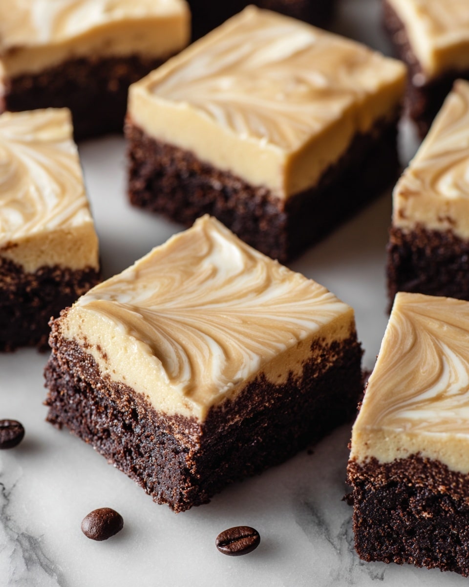 The image shows several square pieces of dessert with two layers each; the bottom layer is dark brown with a rough, crumbly texture like chocolate cake or brownie, and the top layer is smooth, creamy, and beige-colored, spread thickly with swirled patterns. The pieces are placed closely together on a white marbled surface, with a few dark coffee beans scattered around them. photo taken with an iphone --ar 4:5 --v 7