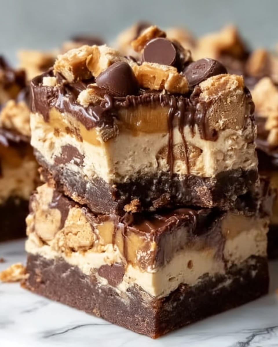 The image shows a thick, square dessert bar with multiple layers. The bottom layer is dense and dark brown, likely a cookie or brownie base. Above this is a creamy, lighter tan layer with soft texture, topped with pieces of light brown toffee chunks scattered throughout. There is a thick, glossy dark chocolate drizzle over the top, adding shine and a rich texture. Small round chocolate candy pieces are embedded partially within the top layers. The dessert is tightly stacked and looks rich and chewy, resting on a white marbled surface. Photo taken with an iphone --ar 4:5 --v 7
