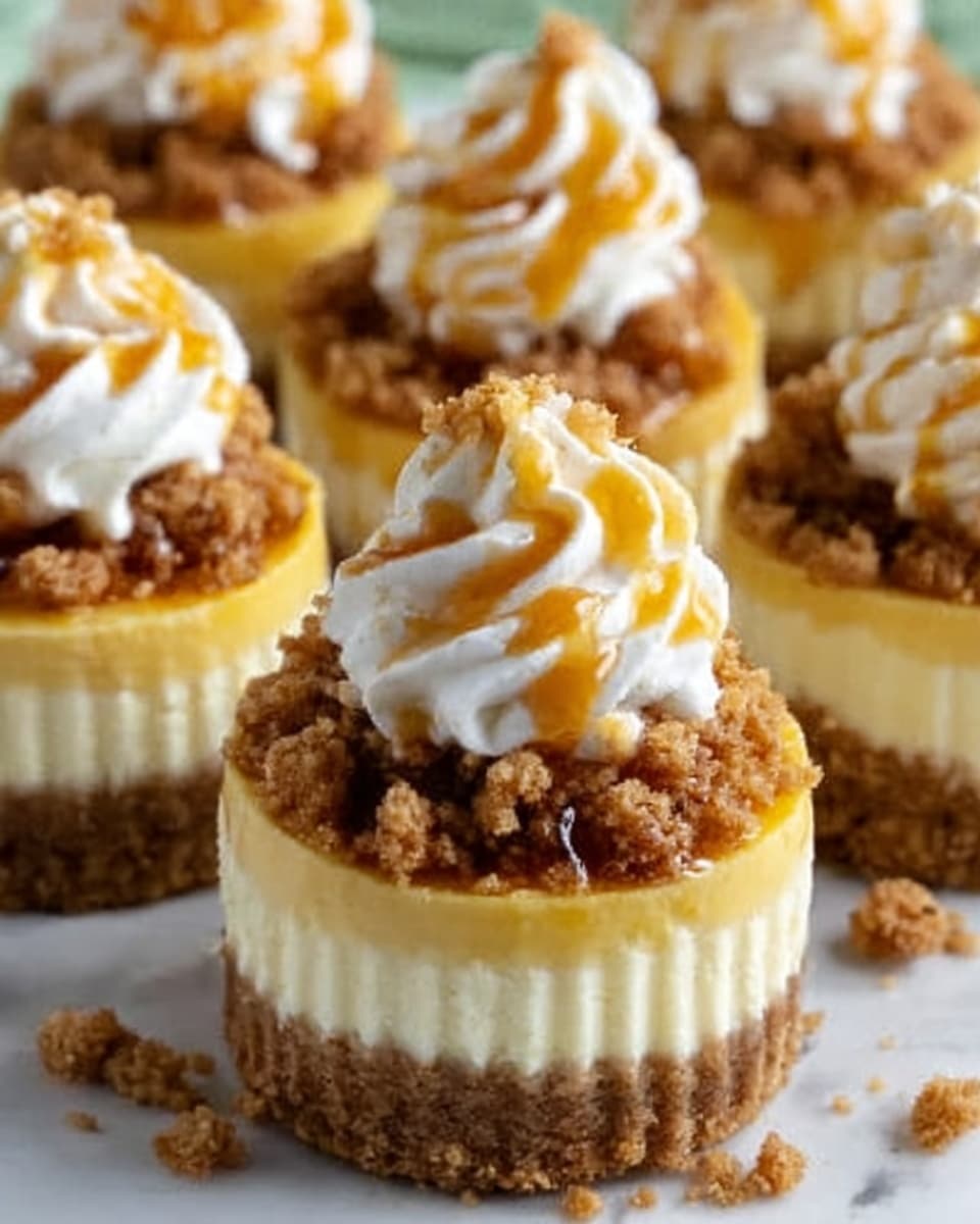The image shows a group of small cheesecakes on a white marbled surface. Each cheesecake has three layers: a crumbly brown base with a rough texture, a smooth creamy yellow middle layer, and a top layer covered with crunchy brown crumble pieces. On the very top, there is a swirl of white whipped cream with golden caramel sauce drizzled over it. The cheesecakes are close together and look rich and delicious. Photo taken with an iphone --ar 4:5 --v 7