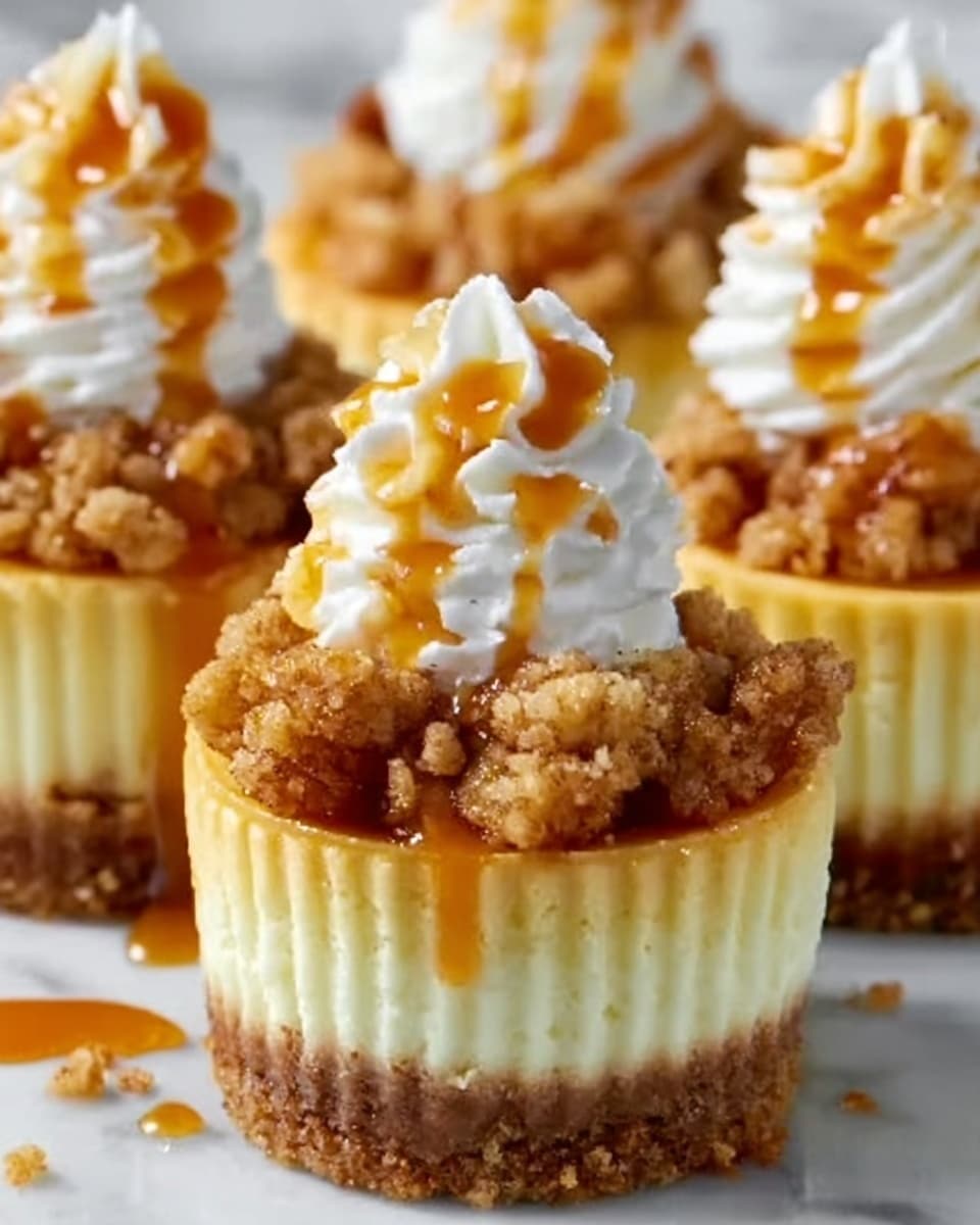 A close-up of three mini cheesecakes placed on a white marbled surface, each with three layers: a crumbly brown crust at the bottom, a smooth pale yellow cheesecake layer in the middle, and a topping of chunky golden-brown streusel. On top of the streusel is a tall swirl of white whipped cream drizzled with amber caramel sauce, giving a glossy finish. A few small crumbs and drops of caramel are scattered around the cheesecakes, adding texture and detail. photo taken with an iphone --ar 4:5 --v 7