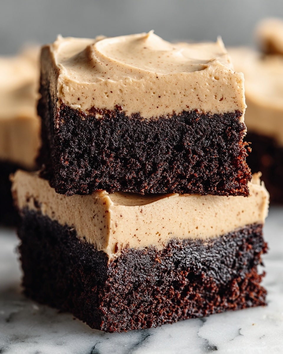 Two thick square brownies are stacked on top of each other on a white marbled surface. Each brownie has two layers: a bottom layer of dense, dark brown, moist chocolate cake with a slightly crumbly texture, and a top layer of creamy, light tan frosting with a smooth and slightly swirled surface mixed with tiny darker specks. The edges of the brownies are clean and straight, with the frosting layer slightly thick and evenly spread. The focus is close, showing the texture details of both layers very clearly. Photo taken with an iphone --ar 4:5 --v 7