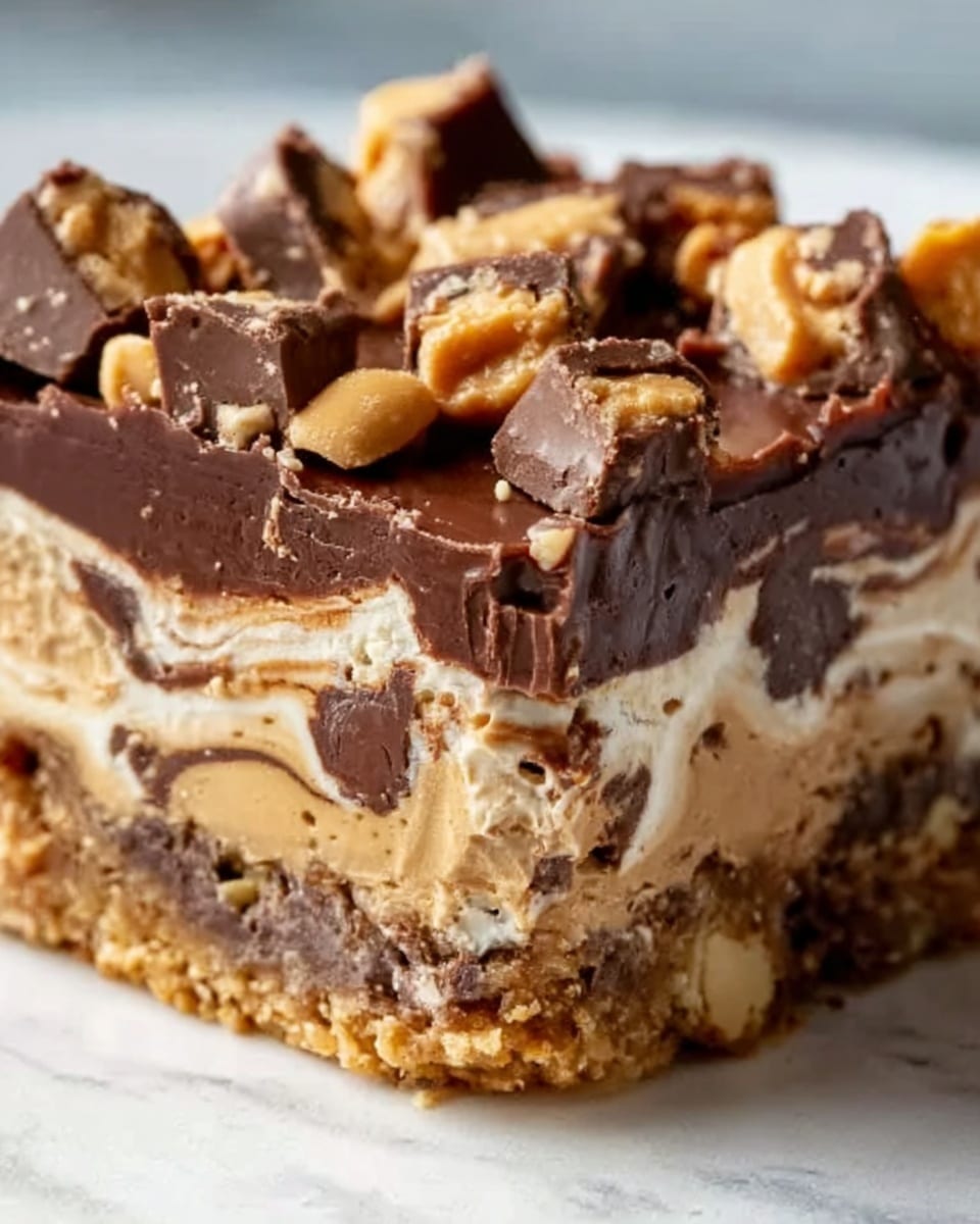 The image shows a close-up of a layered dessert bar with multiple textures and colors. The bottom layer is a light brown, crumbly crust, followed by a middle creamy beige layer with swirls of chocolate and bits of peanut butter cups. On top of this is a thick, glossy dark chocolate layer with chunks of peanut butter candy pieces scattered over it. The dessert looks rich and dense with visible bits of nuts and candy embedded throughout, all resting on a white marbled surface. Photo taken with an iphone --ar 4:5 --v 7