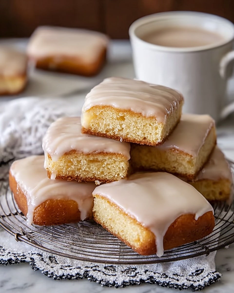 The image shows five square-shaped cake pieces arranged on a round wire rack. Each piece has two visible layers: a golden-brown base with a slightly textured, moist look, and a smooth, glossy, light beige icing that covers the top, dripping slightly over the edges. One piece is resting on top of the others, showing the inside layer, which is light yellow and soft. The wire rack sits on a white marbled textured surface, partially covered by a white cloth with black lace patterns. A white cup filled with a light-colored drink is blurred in the background. Photo taken with an iphone --ar 4:5 --v 7
