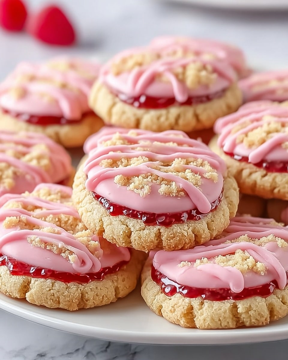 Round cookies arranged on a white plate, each with three visible layers: the bottom layer is a light golden crumbly cookie base, the middle layer is a glossy red jam filling, and the top layer features golden crumb sprinkles scattered over the jam and smooth pink icing drizzled in thick, even lines across the surface. Some cookies have a single small red berry on top in the background. The setting is a white marbled surface. photo taken with an iphone --ar 4:5 --v 7