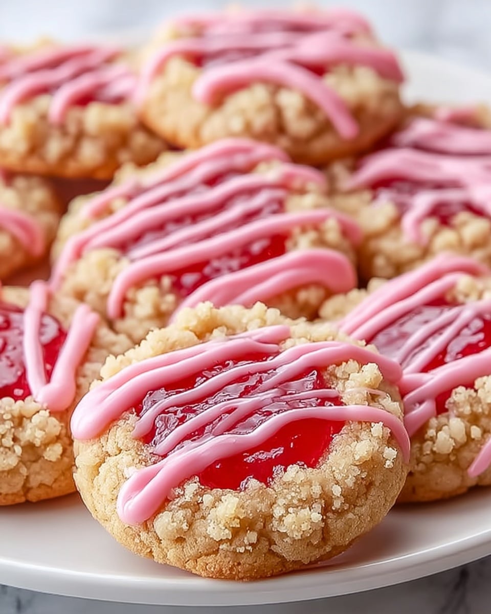Several round cookies are arranged closely on a white plate, each having three layers: the bottom layer is a lightly browned soft cookie base, the middle layer is a glossy red jelly with a smooth texture that fills a shallow well in the cookie, and the top layer is made of light brown crumbly streusel pieces scattered over the jelly, all covered with bright pink icing drizzled in thick diagonal lines across the top. The surface underneath the plate shows a white marbled texture. photo taken with an iphone --ar 4:5 --v 7