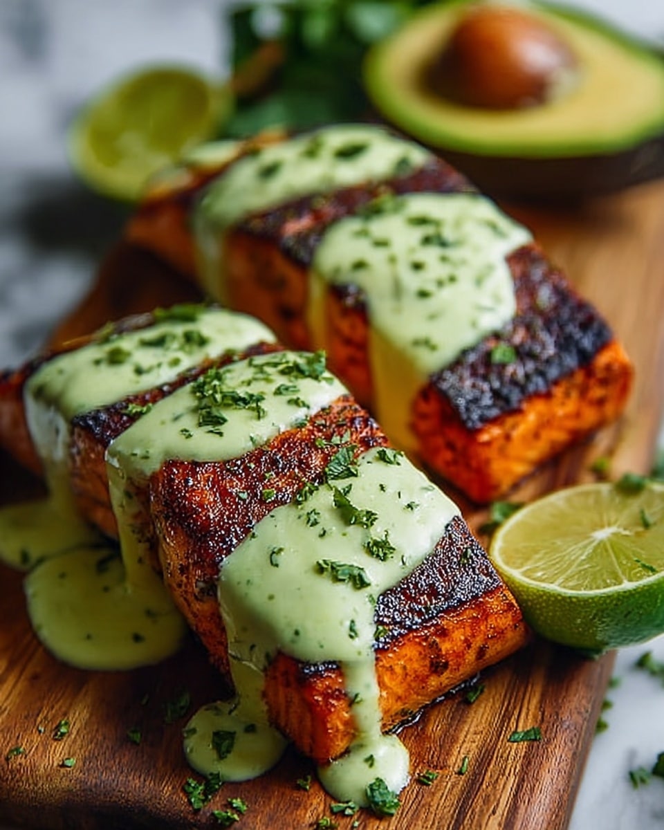 Two thick pieces of grilled salmon with a dark, crispy crust on the outside and a deep orange flaky inside are placed side by side on a wooden board. Each salmon piece is topped with a pale green creamy sauce that drips down the sides and is sprinkled with small chopped green herbs. On the right side of the board, there are two halves of a lime showing their juicy inside. In the background, there is a halved avocado with its large brown seed visible. The entire scene rests on a white marbled surface. photo taken with an iphone --ar 4:5 --v 7