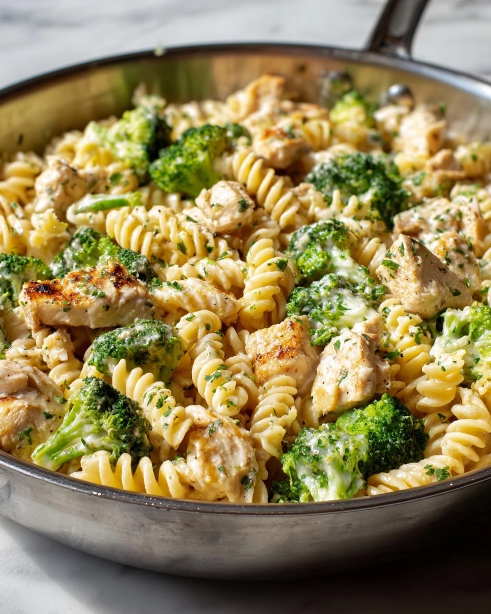 A close-up of a skillet filled with a dish made of three main layers: the bottom layer is spiral pasta in a light yellow color, the middle layer consists of bright green broccoli florets, and the top layer has pieces of grilled chicken that are light brown with some charred edges. The entire dish is covered with a light creamy sauce and sprinkled with finely chopped green herbs. The skillet sits on a white marbled surface, and the scene looks warm and inviting. photo taken with an iphone --ar 4:5 --v 7