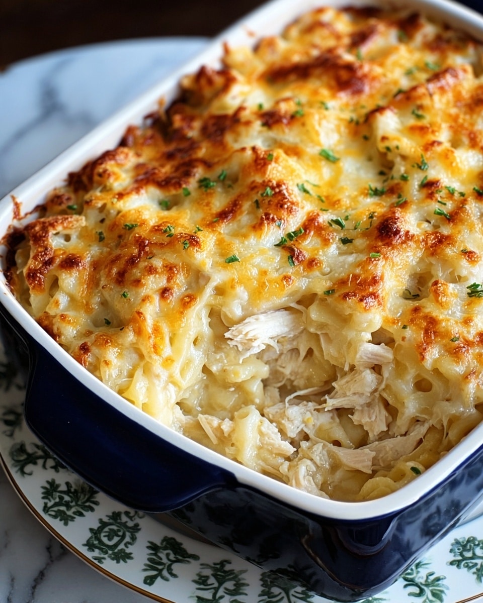 A close-up of a baked casserole in a dark blue baking dish with a white inside, placed on a white plate with green floral patterns, over a white marbled surface. The casserole shows two visible layers: the bottom layer consists of shredded cooked chicken in white and light beige tones, and the top layer is a golden-brown melted cheese crust, lightly browned with hints of yellow and orange, sprinkled with small bits of green herbs. The cheese layer has a bubbly and slightly uneven texture, covering the entire surface. Photo taken with an iphone --ar 4:5 --v 7