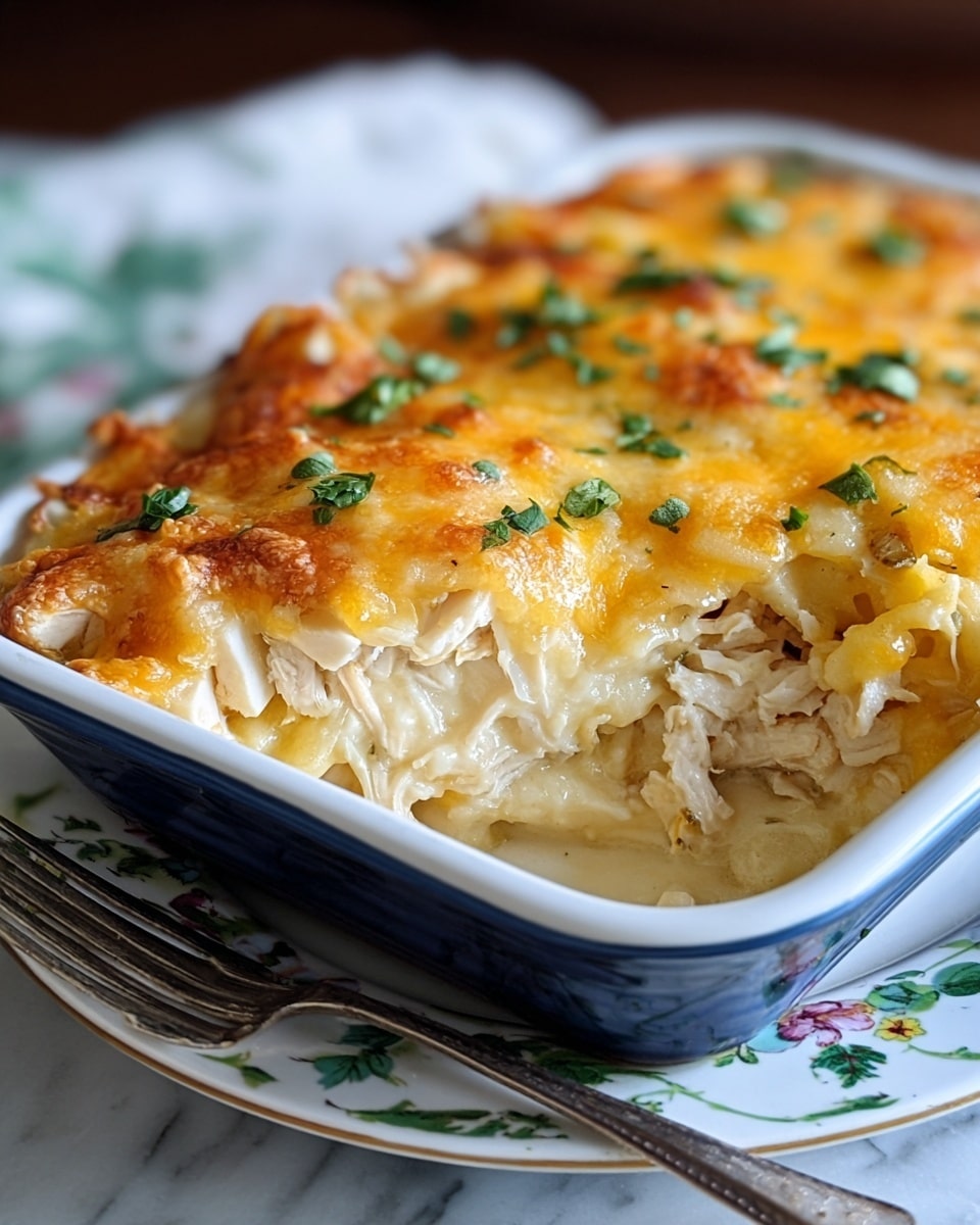 A close-up of a baked casserole in a white dish with a blue outside, showing three visible layers: the bottom layer consists of shredded white chicken pieces, the middle layer is creamy with a smooth beige texture, and the top layer is melted, golden-brown cheese with small green herb pieces sprinkled over it. The dish is placed on a white plate with floral green patterns, resting on a white marbled surface, next to a silver fork. Photo taken with an iphone --ar 4:5 --v 7