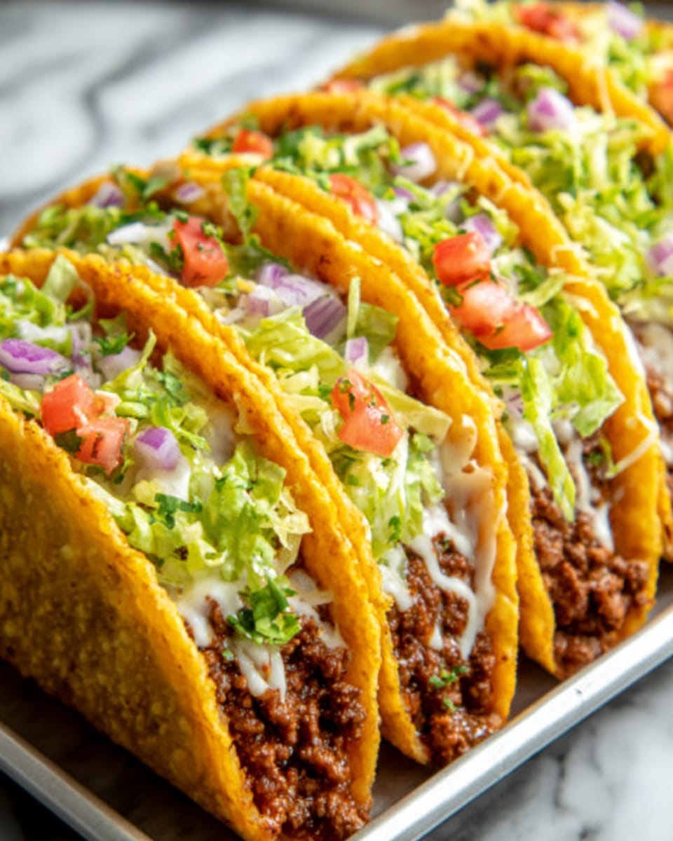 A row of crispy golden-yellow tacos filled with layers of dark brown seasoned meat, melted creamy white cheese, and topped with fresh chopped green lettuce, small red tomato pieces, and bits of light purple onion, arranged neatly on a white tray. The tacos are slightly open, showing the fillings inside with a textured surface of the taco shell. The background is a white marbled texture. Photo taken with an iphone --ar 4:5 --v 7