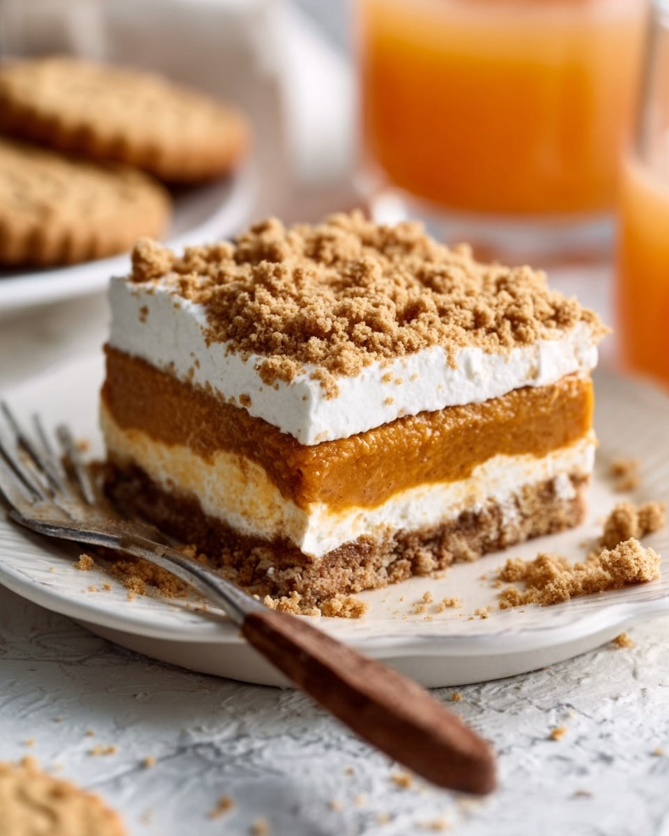 The image shows a square dessert with three clear layers on a white plate placed on a white marbled surface. The bottom layer is a light golden brown crumbly crust, followed by a thick middle layer of smooth, rich pumpkin orange filling. The top layer is a smooth white cream, covered with a generous sprinkle of crumbly brown topping. A woman's hand holding a fork is about to take a bite, and some crumbs are scattered on the plate around the dessert. In the background, there is an out-of-focus jar and some cookies. Photo taken with an iphone --ar 4:5 --v 7