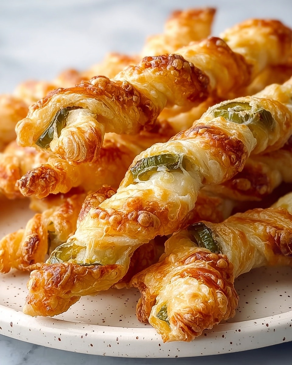 The image shows several golden-brown twisted pastry sticks arranged closely on a white plate. Each stick has a crispy, flaky texture with some melted cheese visible, giving them a shiny and slightly bumpy surface. Thin slices of green jalapeño peppers are embedded sporadically throughout the pastries, adding bright green spots against the warm tones of the baked dough. The plate rests on a white marbled surface, creating a clean and bright background. The twisted layering of dough creates a spiral effect, with the green jalapeño slices peeking through from different twists along each stick. photo taken with an iphone --ar 4:5 --v 7
