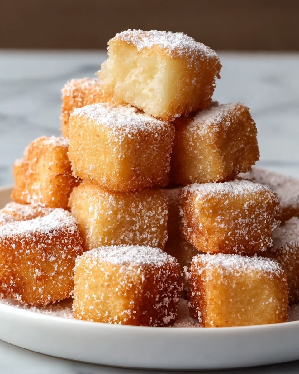 A pile of small, golden-brown fried cubes with a slightly rough texture is stacked on a white plate. Each cube is dusted with a fine layer of white powdered sugar, giving a soft, snowy look on top and along the sides. The inside of one cube is visible, showing a light, soft, and fluffy texture contrasting with the crispy outside. The cubes are closely packed, creating a small mountain shape on the plate, which sits on a white marbled surface. photo taken with an iphone --ar 4:5 --v 7