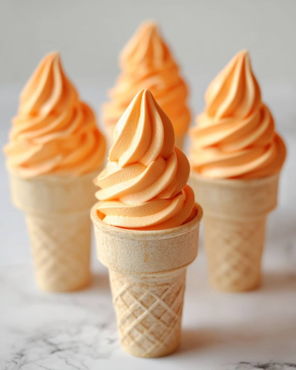 The image shows four soft-serve ice cream cones placed closely together on a white marbled surface. Each cone has a light beige color and a waffle texture with diamond patterns. The ice cream on top is a smooth swirl of bright orange with multiple curved layers, tapering to a point at the top. The focus is on the cone at the front center, with the other three slightly blurred in the background. Photo taken with an iphone --ar 4:5 --v 7