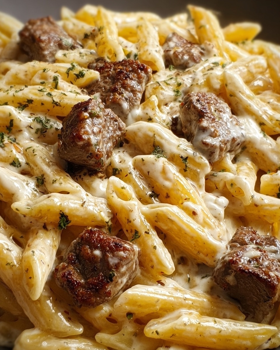 This close-up image shows a creamy pasta dish made with penne pasta covered in a smooth, white cheese sauce. Mixed evenly throughout are thick chunks of browned beef that have a slightly crispy texture on the outside. The dish is sprinkled with small bits of dark green herbs, adding texture and color contrast. The pasta's pale yellow color and glossy sauce create a rich, inviting look, with the beef pieces sitting on top and in-between the pasta layers. The background is a white marbled texture. photo taken with an iphone --ar 4:5 --v 7