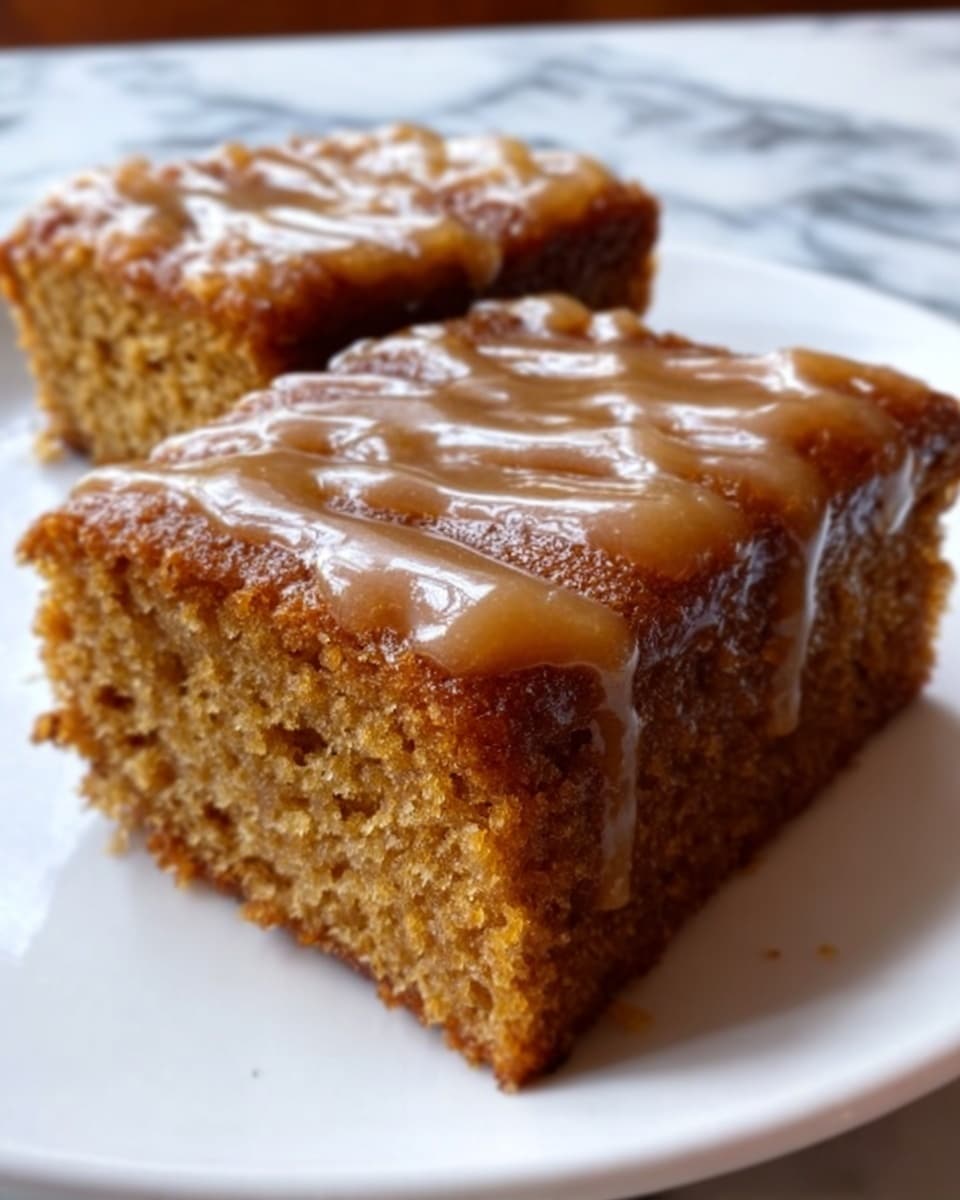 Two square pieces of moist, brown cake sit side by side on a white plate. The cake has a soft, crumbly texture with small air holes visible throughout. A light brown glaze with a slightly shiny and smooth surface is spread over the top of each piece, dripping slightly down the edges. The background is a white marbled surface. Photo taken with an iphone --ar 4:5 --v 7