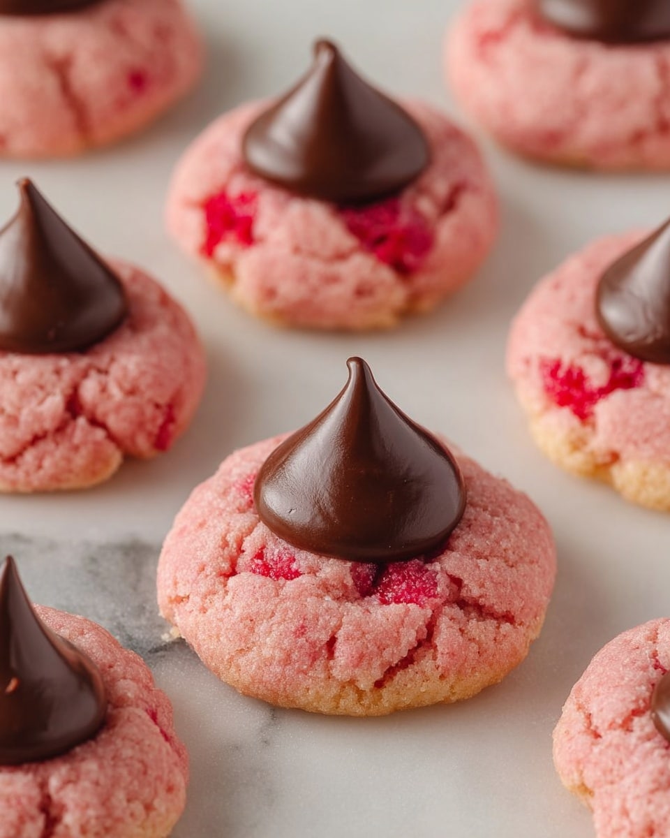 The image shows several small round cookies placed on a white marbled surface. Each cookie has a slightly rough pink base with visible bits of red fruit mixed in. On top of each cookie, there is a smooth dark brown dollop of chocolate in a teardrop shape, sitting right in the center of the pink cookie base. The cookies look soft and slightly thick with textured edges, and the chocolate topping appears glossy with a firm peak. Photo taken with an iphone --ar 4:5 --v 7