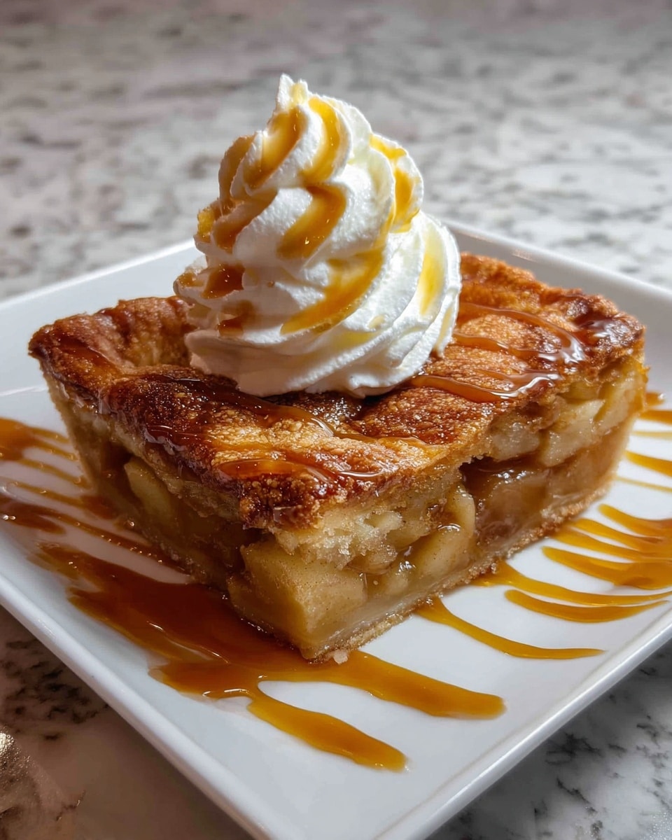 A square slice of apple pie with a thick, golden brown crust on top, showing soft, light tan apple filling inside. On top of the pie is a swirl of white whipped cream drizzled with amber caramel sauce. The pie sits on a white square plate with caramel sauce artistically drizzled around the edges. The plate rests on a white marbled surface. photo taken with an iphone --ar 4:5 --v 7