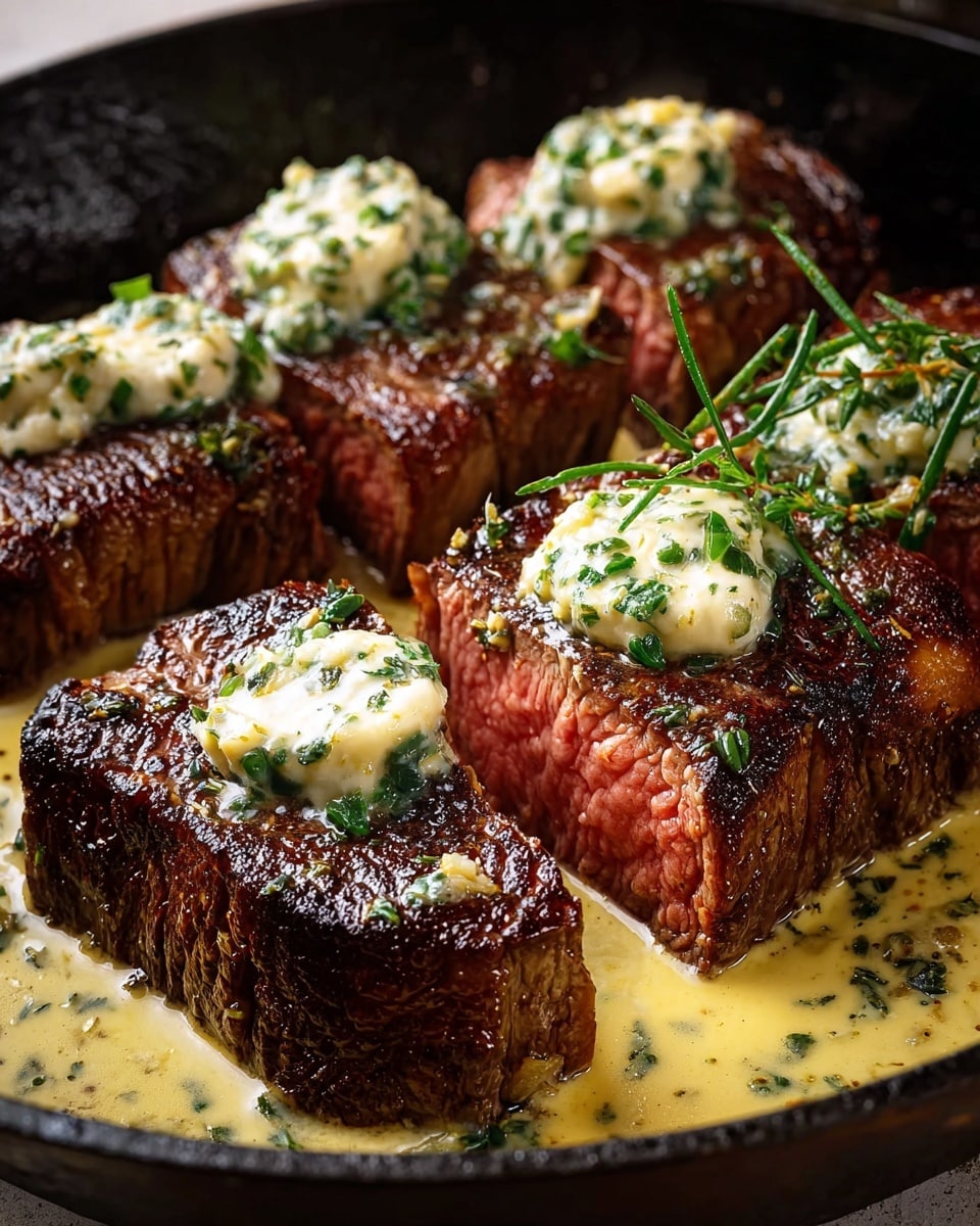 The image shows four thick grilled steak cuts in a black pan, each with a dark brown, crisp seared crust and a juicy pink center on one piece. On top of each steak slice, there are dollops of creamy butter mixed with green herbs, adding a soft white and green textured layer. The pan holds a creamy yellow sauce with visible green herb specks, pooling around the steaks. The background and surface are changed to a white marbled texture, and the close-up shot captures the rich, savory colors and textures clearly. Photo taken with an iphone --ar 4:5 --v 7