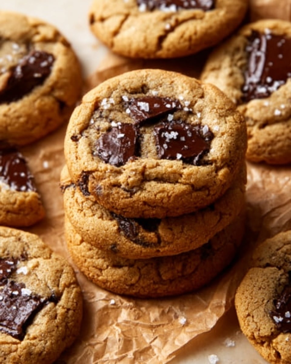 A stack of soft, golden brown cookies with large, melted dark chocolate chunks on top is placed on crumpled brown parchment paper. The cookies have a slightly cracked surface texture showing their chewy inside, and some are sprinkled with coarse sea salt. More cookies lie scattered around the stack on a white marbled surface. The warm tones of the cookies contrast with the white background. photo taken with an iphone --ar 4:5 --v 7