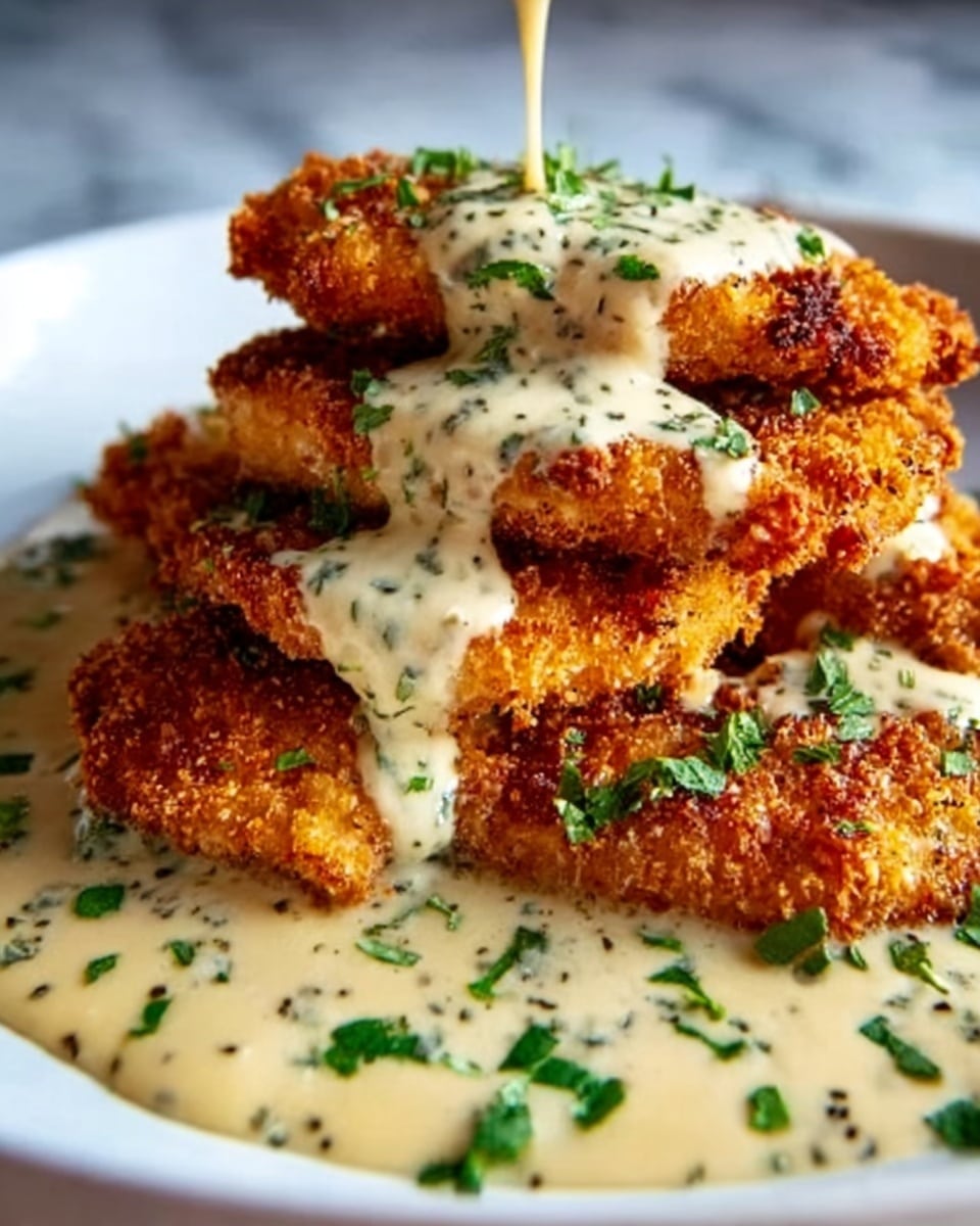 A close-up photo of crispy, golden brown fried chicken pieces stacked slightly on top of each other on a white plate, covered with a creamy, light beige sauce with herbs sprinkled throughout. The sauce is thick and smoothly poured over the chicken, with chopped green herbs scattered on top and around the plate edges. The chicken’s crunchy texture is visible under the sauce, creating a contrast between crispy and creamy layers. The background shows a white marbled surface. Photo taken with an iphone --ar 4:5 --v 7