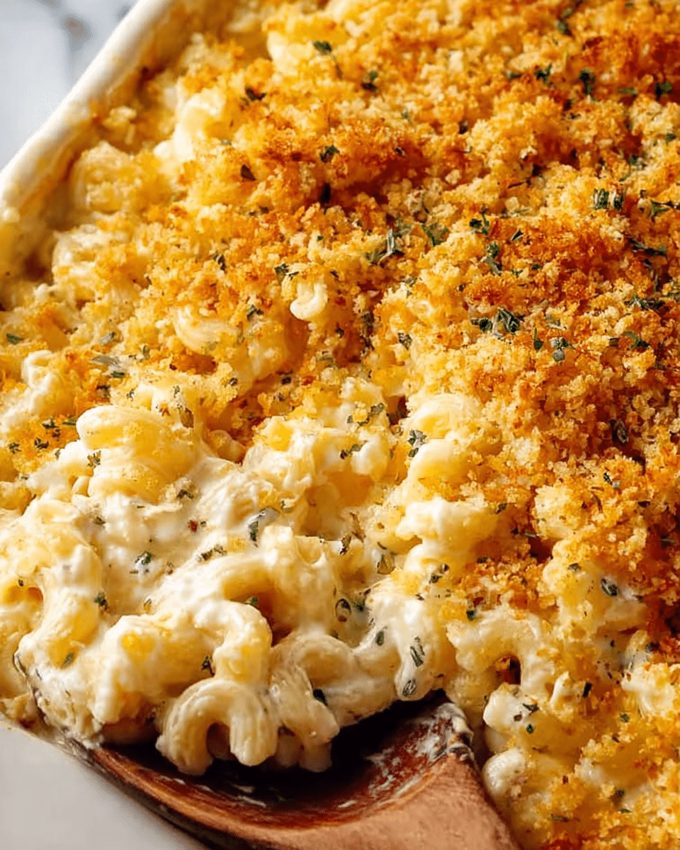 A close-up view of creamy macaroni and cheese with a thick layer of melted cheese sauce covering the curly pasta. On top, there is a golden brown breadcrumb crust with a slightly rough texture and small bits of herbs sprinkled throughout. A wooden spoon is scooping some of the macaroni, showing the soft pasta underneath the crunchy topping. The dish rests on a white marbled surface. Photo taken with an iphone --ar 4:5 --v 7
