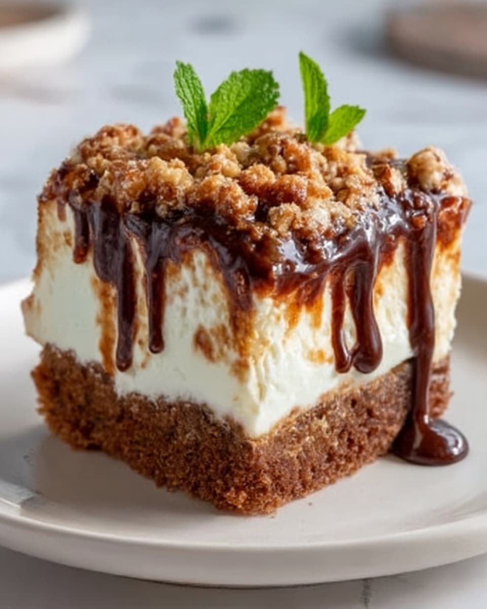 The image shows a square piece of dessert on a white plate. The bottom layer is a thick, dark brown crust with a rough texture. Above this is a thick, creamy white layer that looks soft and smooth. The top layer is a crumbly golden brown topping sprinkled with nuts, and dark chocolate sauce drips over the top and sides. There are two small green mint leaves placed on top as decoration. The background is a white marbled texture. Photo taken with an iphone --ar 4:5 --v 7