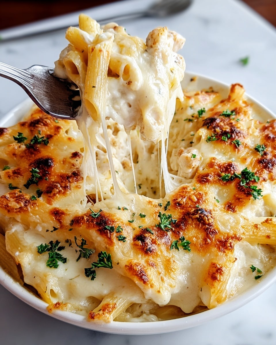 The image shows a close-up of creamy baked pasta served in a white shallow bowl placed on a white marbled surface. The dish has three clear layers: the bottom layer is cooked penne pasta visible through the melted cheese, the middle layer is a thick, smooth white cheese sauce coating the pasta, and the top layer is a golden-brown cheese crust, slightly bubbled and browned with some herbs sprinkled on top. A fork lifts a portion, pulling stretchy melted cheese upward, showing the gooey texture. Fresh green parsley is sprinkled across the dish, adding a touch of color. Photo taken with an iphone --ar 4:5 --v 7