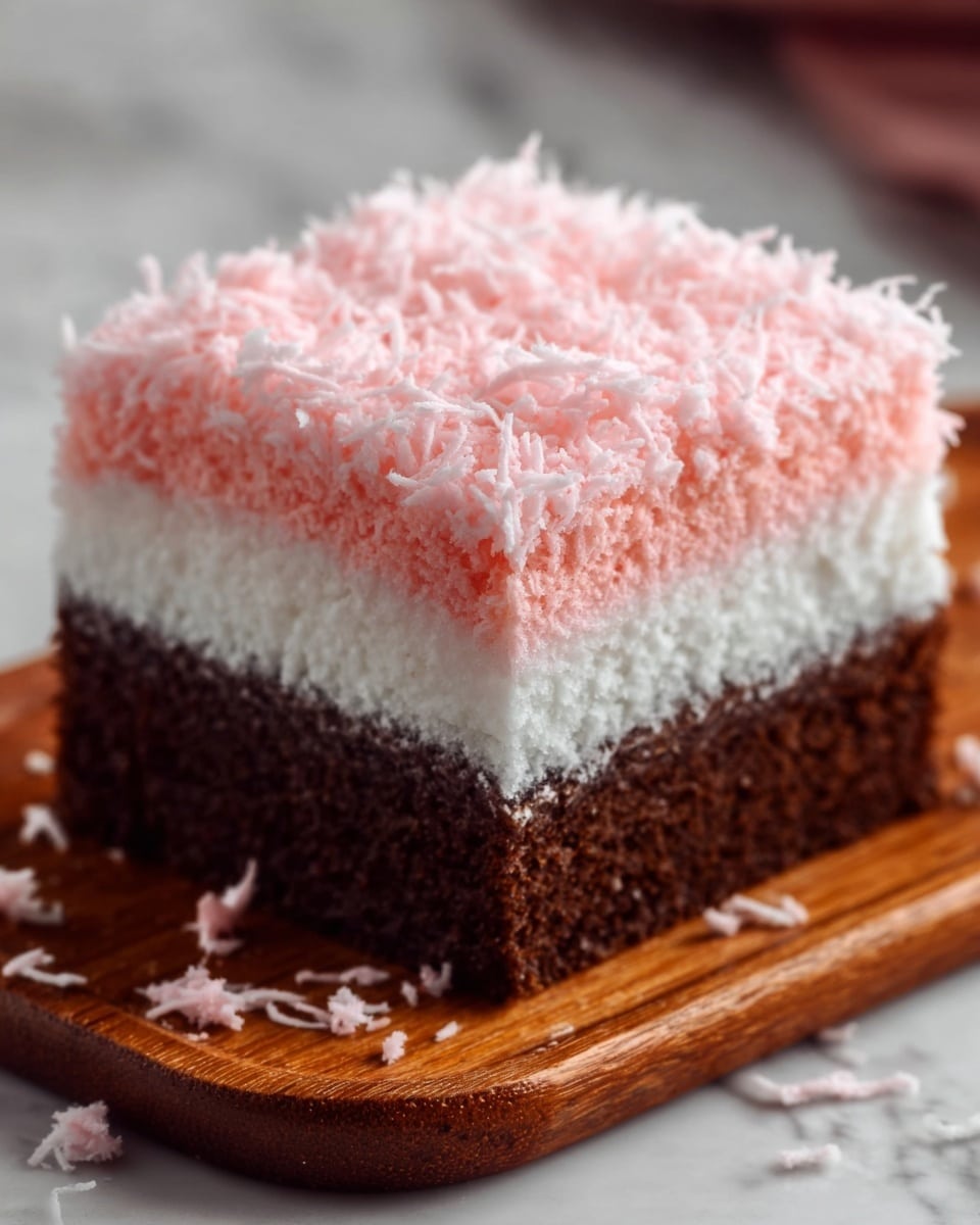 A square piece of cake with three clear layers sits on a wooden board. The bottom layer is thick and dark brown, looking soft and moist. The middle layer is white and fluffy, with a light, airy texture. The top layer is pink, fuzzy, and finely shredded, creating a delicate and textured surface. The wooden board contrasts with the cake, and small bits of the pink topping are scattered around the base. The background is a white marbled texture. Photo taken with an iphone --ar 4:5 --v 7