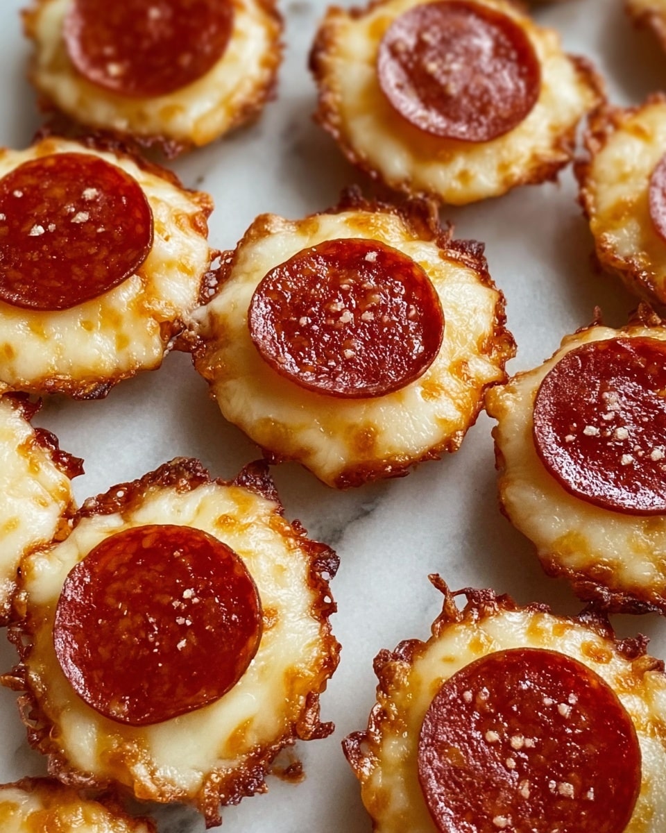 The image shows several mini baked snacks arranged closely on a white marbled surface. Each snack has two layers: a bottom layer of golden-brown melted cheese with slightly crispy, uneven edges, and a top layer with a single round slice of reddish-brown pepperoni placed in the center. The cheese layer texture appears bubbly and well-cooked, while the pepperoni shows a glossy sheen with tiny white specks and a slightly wrinkled surface. The snacks have a uniform size and are neatly spaced in rows. photo taken with an iphone --ar 4:5 --v 7