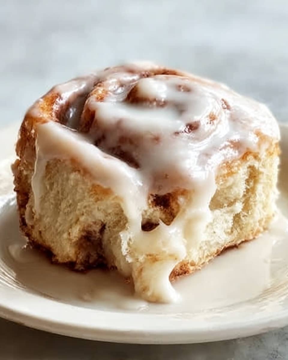 A close-up image of a cinnamon roll with a thick layer of white icing dripping down the sides, showing the soft, light brown, and fluffy swirls inside. The cinnamon roll sits on a simple white plate placed on a white marbled surface, with warm light casting gentle shadows on the roll's textured dough. The icing looks smooth and shiny, covering the top and partially flowing onto the plate. Photo taken with an iphone --ar 4:5 --v 7