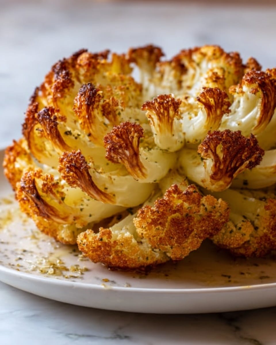 The image shows a whole cauliflower that has been roasted and broken into petals, forming a flower-like shape. Each petal is golden brown with crispy, slightly burnt edges, and the inside is tender and light yellow. The cauliflower sits on a simple white plate, which contrasts with the warm tones of the roasted vegetable. The texture of the cauliflower petals varies from crunchy on the outside to soft inside, with some seasoning visible on the surface. The background is a white marbled texture. Photo taken with an iphone --ar 4:5 --v 7