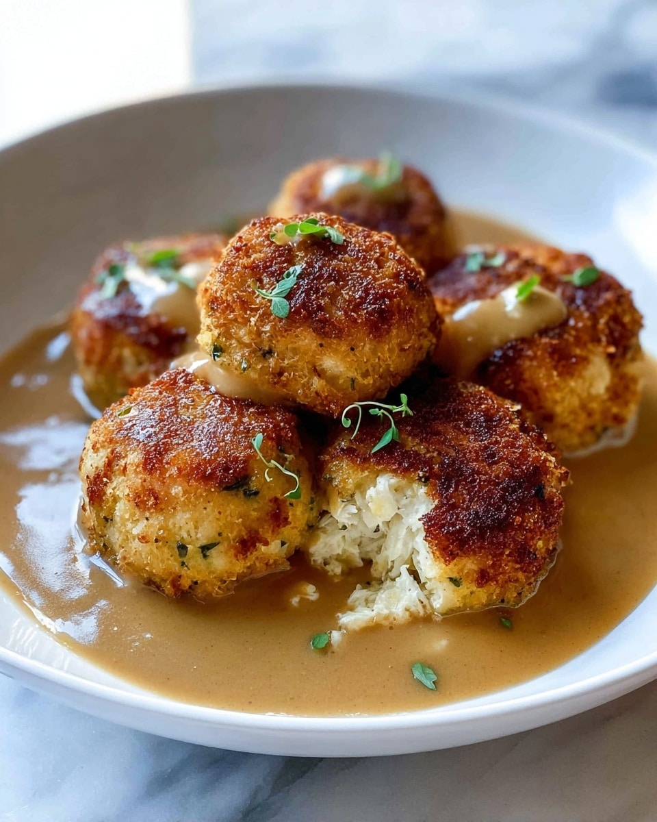 A white shallow bowl contains six round, golden-brown crab cakes piled in the center, each with a crispy texture and small green herb bits inside. The cakes rest on a smooth, light brown gravy that pools at the bottom of the bowl, with some gravy drizzled over the cakes, creating a glossy finish. One crab cake is broken open, showing a creamy, soft white inside contrasting with its crispy outside. Small green herb leaves garnish the dish. The bowl sits on a white marbled surface, creating a clean and bright setting. photo taken with an iphone --ar 4:5 --v 7