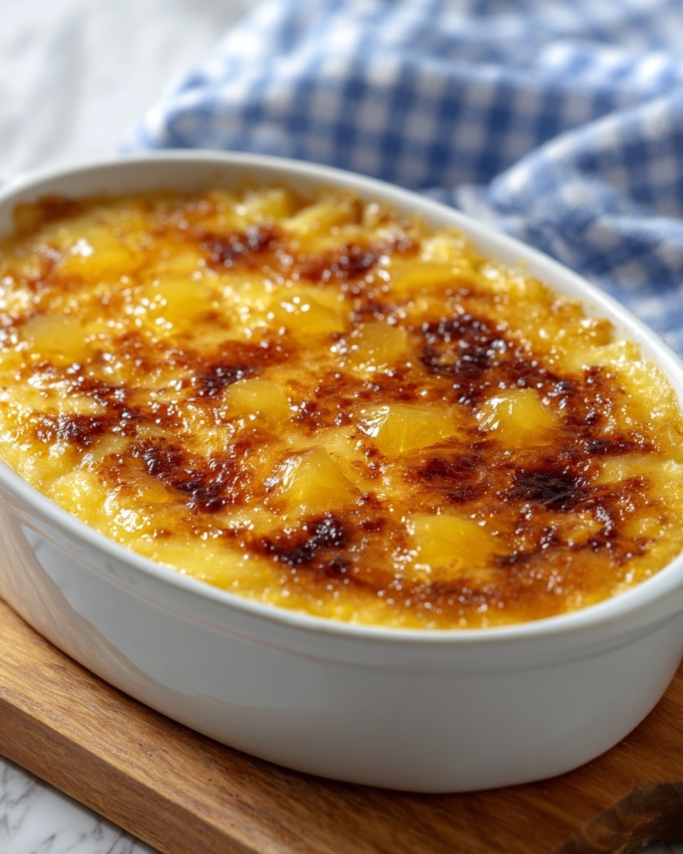 A close-up view of a baked dessert in a white ceramic oval dish, showing a golden-brown caramelized top layer with small, glossy chunks of yellow pineapple embedded throughout. The surface has a slightly uneven texture with darker brown crispy spots and lighter shiny yellow patches. The dish rests on a wooden board, with a blue and white checkered cloth softly blurred in the background, all set on a white marbled textured surface. photo taken with an iphone --ar 4:5 --v 7