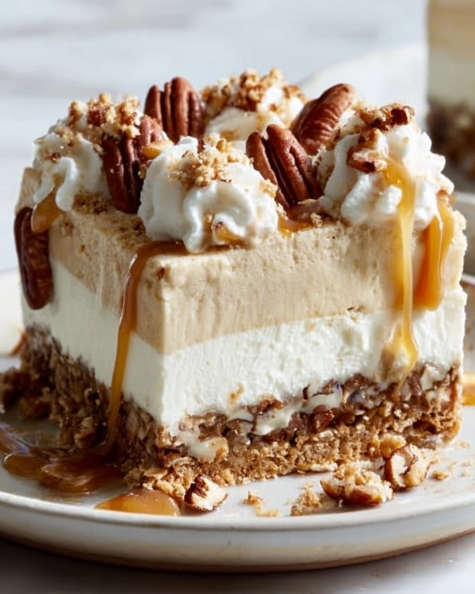 A slice of layered dessert is shown on a white plate with a white marbled surface in the background. The bottom layer is a crumbly, brown crust, followed by a thick white creamy layer. Above it is a thin layer filled with small pieces of pecans, topped by another smooth, beige creamy layer. On top, whipped cream dollops are decorated with whole pecans, and caramel sauce is drizzled over some areas, slightly dripping down the sides. The textures contrast between smooth cream, crunchy nuts, and crumbly crust. Photo taken with an iphone --ar 4:5 --v 7