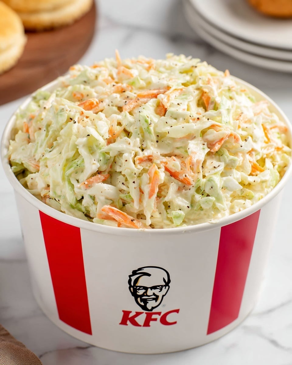 A large white round container with red vertical stripes and the KFC logo on the front, filled to the top with coleslaw. The coleslaw has three visible layers: a base layer of finely chopped pale green cabbage, mixed with thin shredded white cabbage; scattered pieces of bright orange shredded carrots throughout; and tiny specks of black pepper spread evenly, all coated in a creamy light sauce giving a slightly shiny texture. The container sits on a white marbled surface with a blurry biscuit and stacked white plates visible in the background. photo taken with an iphone --ar 4:5 --v 7