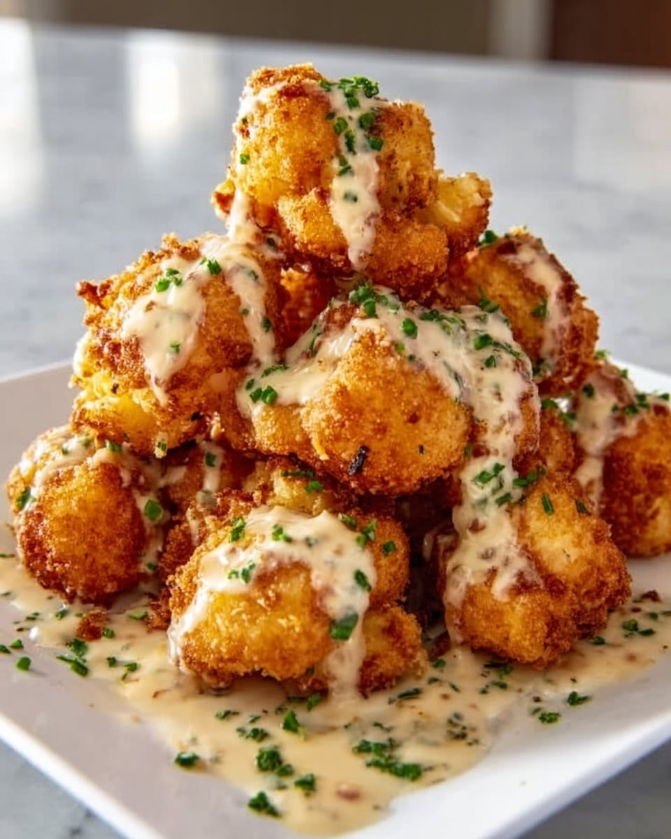 A white square plate holds a pile of golden brown fried cauliflower pieces stacked in layers. The cauliflower has a crispy texture with a few darker spots showing crispiness. Light beige creamy sauce is drizzled over the top and pools slightly around the base. Small green chopped herbs are sprinkled over the dish, adding a fresh touch. The background shows a white marbled surface with soft natural light highlighting the food’s crunchy and creamy features. Photo taken with an iphone --ar 4:5 --v 7