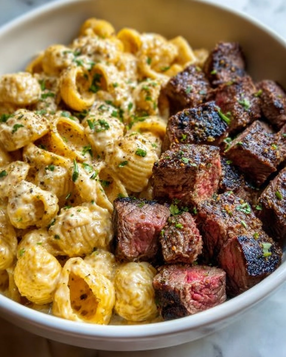 The image shows a white bowl filled with two main layers: one side contains golden-yellow shell pasta coated in creamy sauce, sprinkled with green herbs, and the other side has small, evenly cut pieces of dark brown grilled steak with some red in the middle, also garnished with herbs. The lighting highlights the creamy texture of the pasta and the juicy, slightly charred surface of the steak, all set on a white marbled background. Photo taken with an iphone --ar 4:5 --v 7