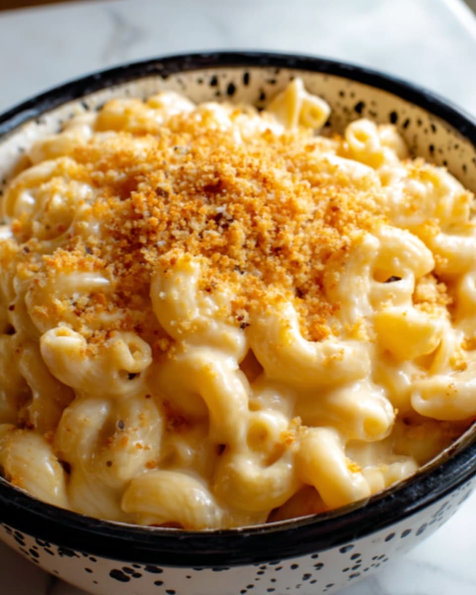 A close-up image of macaroni and cheese served in a white bowl with black spots around the edges. The macaroni noodles are creamy and coated in rich yellow cheese sauce, giving them a smooth and glossy texture. On top, there is a sprinkling of golden brown breadcrumbs adding a crunchy layer, centered over the creamy noodles. The bowl sits on a white marbled surface, highlighting the warm colors of the dish. Photo taken with an iphone --ar 4:5 --v 7