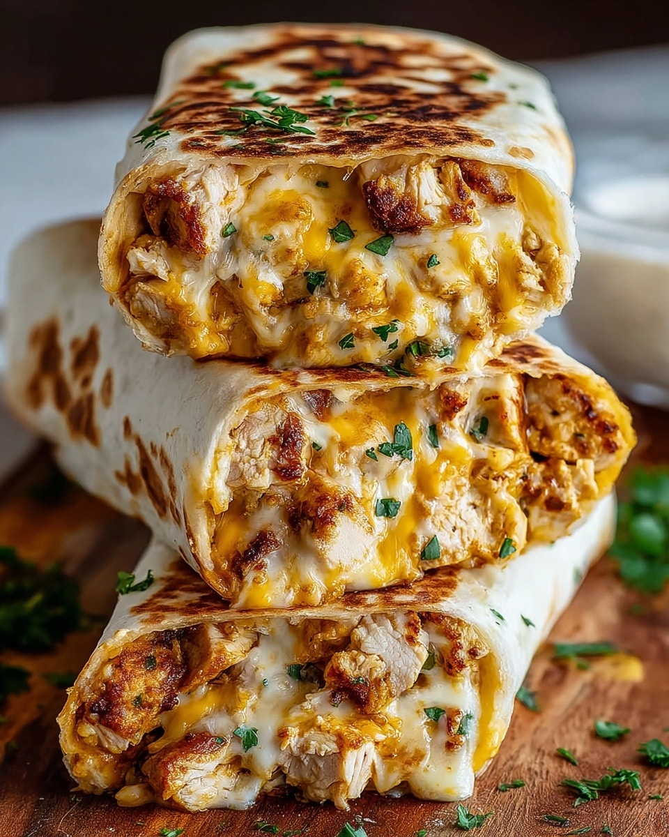 A close-up view of three stacked chicken burritos cut in half to show the inside, placed on a wooden board over a white marbled surface; each burrito is wrapped in a toasted white tortilla with golden brown spots and filled with multiple layers of cooked chicken chunks with charred edges, melted yellow and white cheese oozing out, and bits of green herbs sprinkled throughout, creating a rich, creamy, and textured look from both sides of the cut; some parsley leaves are scattered around the edges for garnish, photo taken with an iphone --ar 4:5 --v 7