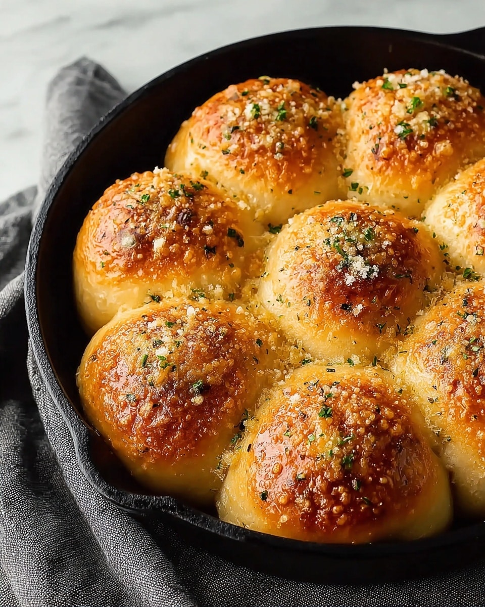 The image shows a close-up of nine golden brown bread rolls baked closely together in a black cast iron skillet. Each roll has a round shape with a slightly glossy, crispy top that is sprinkled with small bits of green herbs and finely grated cheese, giving a textured look. The rolls are touching each other, forming a flower-like pattern centered in the skillet. The skillet is placed on a white marbled surface, with a gray cloth partially visible underneath it. Photo taken with an iphone --ar 4:5 --v 7