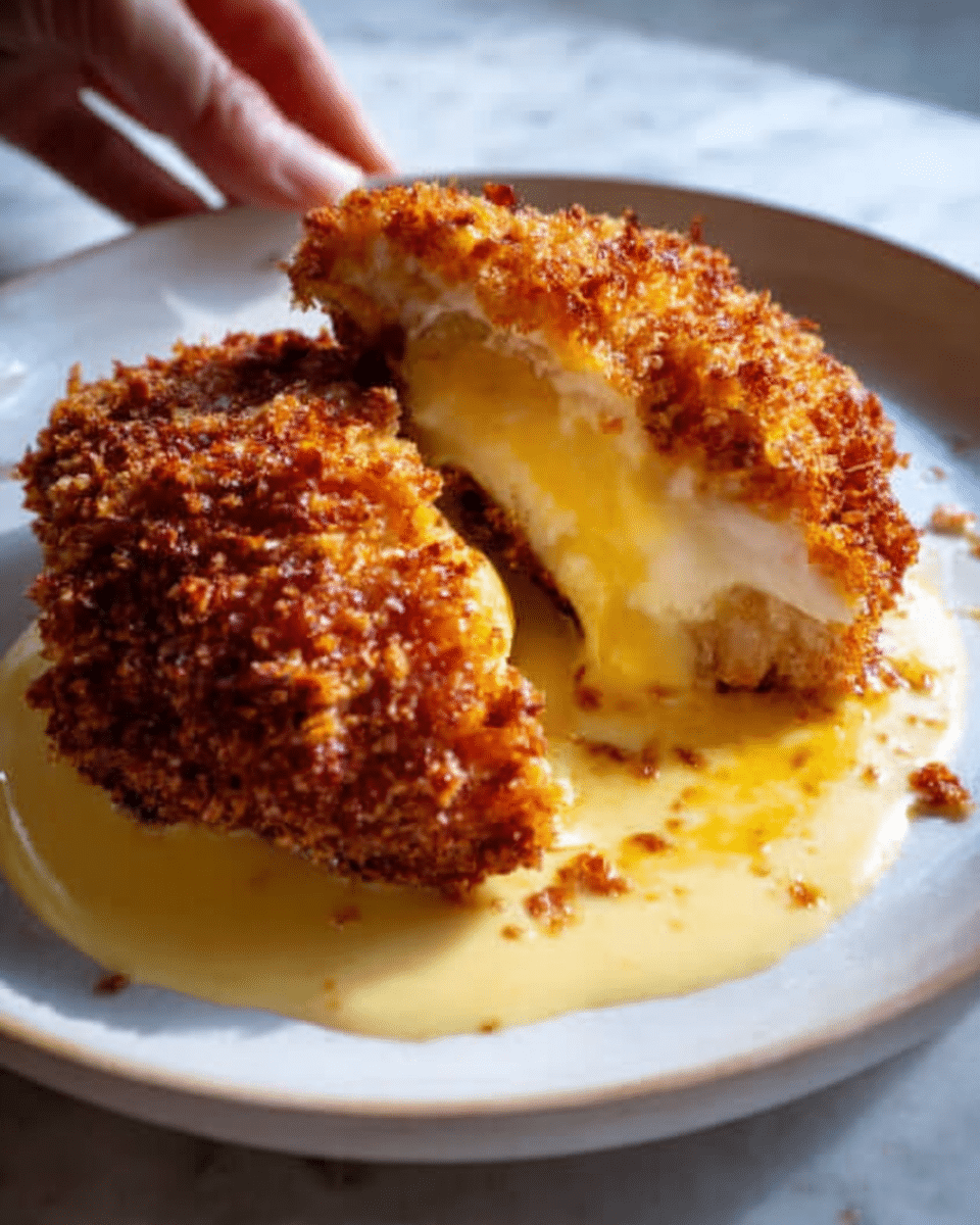 A white plate holds a round, golden-brown crispy fried dish that has been cut open to show the inside. The outer layer is crunchy and textured with small pieces making it look rough and crispy. Under that is a smooth, melted light yellow cheese layer that stretches slightly as the dish is pulled apart. The cheese sits over a soft inner layer that looks creamy and white. Creamy yellow sauce surrounds the base of the dish, pooling on the white marbled surface beneath the plate. A woman's hand is just touching the edge of the plate, ready to pick up the food. The light is soft and natural, showing the textures well. photo taken with an iphone --ar 4:5 --v 7