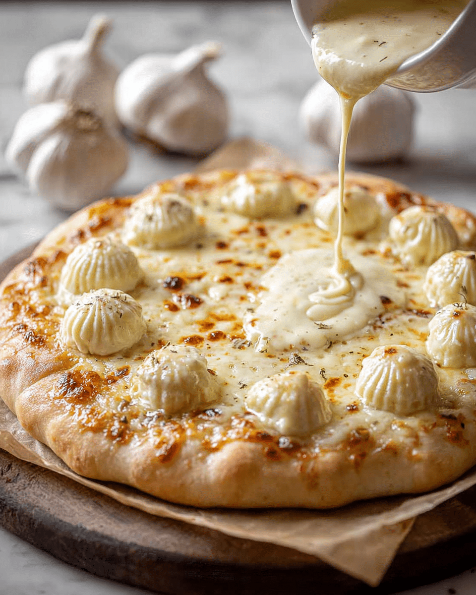 A thick round pizza with a golden-brown crust on the bottom layer and melted cheese covering the middle layer, topped with eight evenly spaced white garlic butter dollops that have a smooth, ridged texture. A creamy white sauce is being poured onto the center of the pizza from above, creating a lustrous pool in the middle. The pizza sits on white parchment paper over a rustic wooden board, with whole garlic bulbs blurred in the soft background that has a white marbled texture. photo taken with an iphone --ar 4:5 --v 7