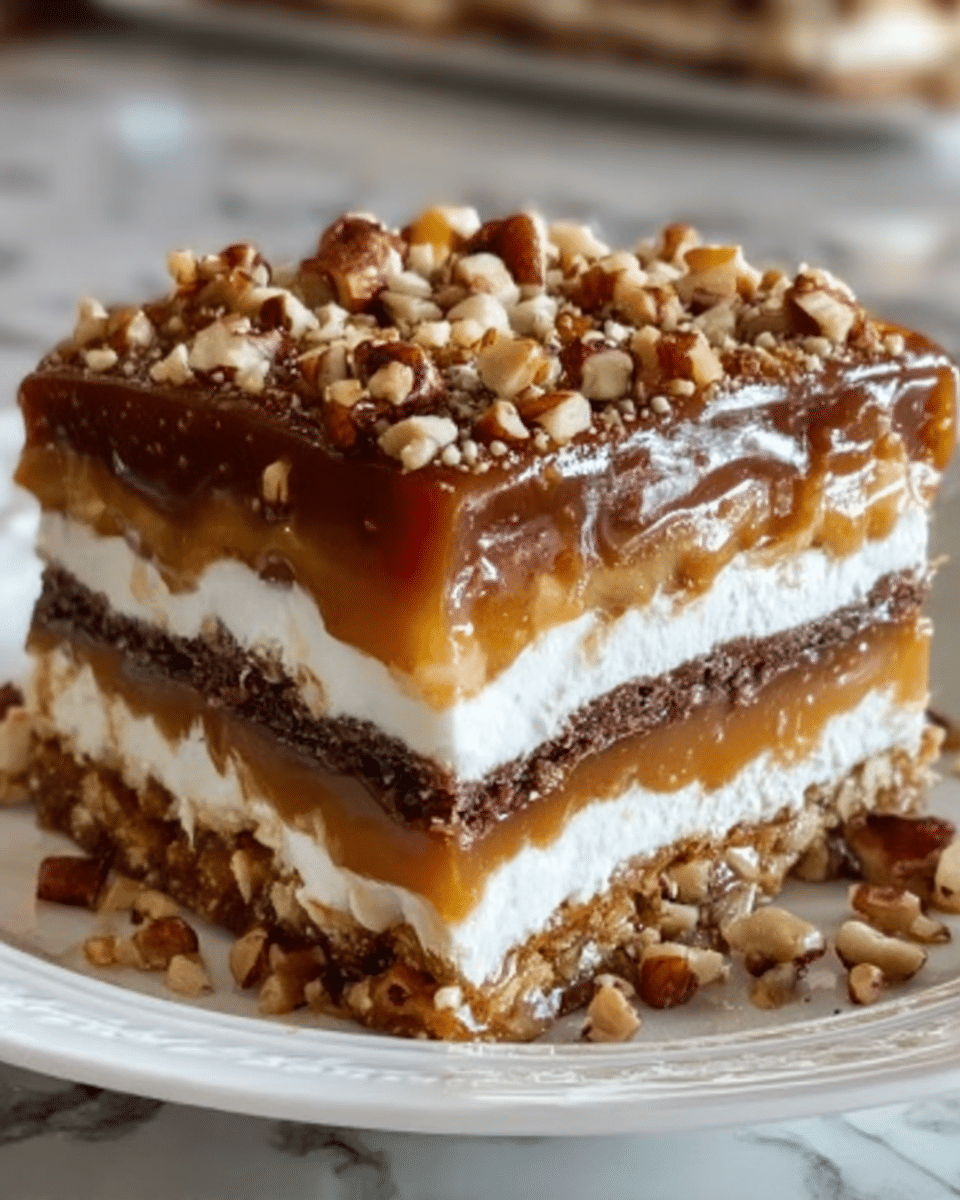 A close-up view of a square slice of multi-layered dessert on a white plate, resting on a white marbled surface. The dessert has several layers, starting at the bottom with a crunchy nut and chocolate crumb base in dark brown. Above this is a smooth, white creamy layer, followed by a thicker chewy caramel layer in light brown. The next layer is another thin white cream, then a nutty and crispy mixture layer in golden brown with visible pieces of nuts. The top is covered with a sticky golden caramel layer, sprinkled evenly with chopped mixed nuts, creating a textured surface. The dessert looks rich and dense with a mix of smooth, crispy, and gooey textures. photo taken with an iphone --ar 4:5 --v 7