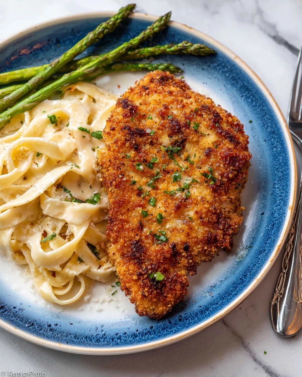 On a round white plate with a blue inner surface, there is a large piece of golden brown breaded chicken cutlet, which has a crispy and crunchy texture with some green herb bits sprinkled on top. To the left of the cutlet, there is a serving of creamy fettuccine pasta with a smooth, pale off-white sauce that makes the pasta look soft and rich. In the upper left corner of the plate, several green roasted asparagus spears lean slightly, adding a fresh, textured contrast. The plate is set on a white marbled surface, and part of a silver fork is visible to the right. photo taken with an iphone --ar 4:5 --v 7