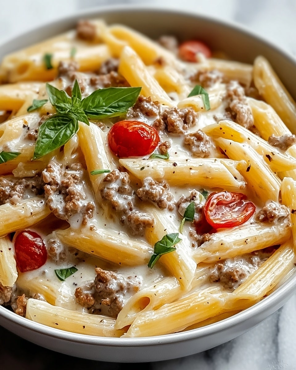 The image shows a close-up of a white bowl filled with creamy penne pasta. The dish has three clear layers: the bottom layer is light yellow penne pasta, the middle layer contains brown cooked ground meat and small red tomato pieces scattered evenly, and the top layer is a smooth white creamy sauce lightly covering the pasta and meat. Small green basil leaves are sprinkled on top, adding a fresh touch, and there are tiny specks of black pepper visible throughout. The bowl sits on a white marbled texture surface. photo taken with an iphone --ar 4:5 --v 7